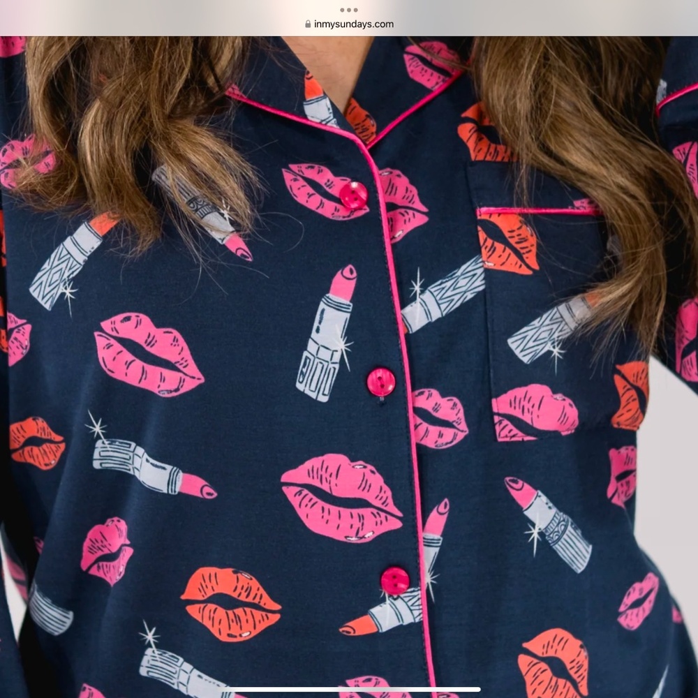 In My Sundays Lipstick Love in Navy Long Sleeve and Pant Pajama Set, size S, - Picture 3 of 6